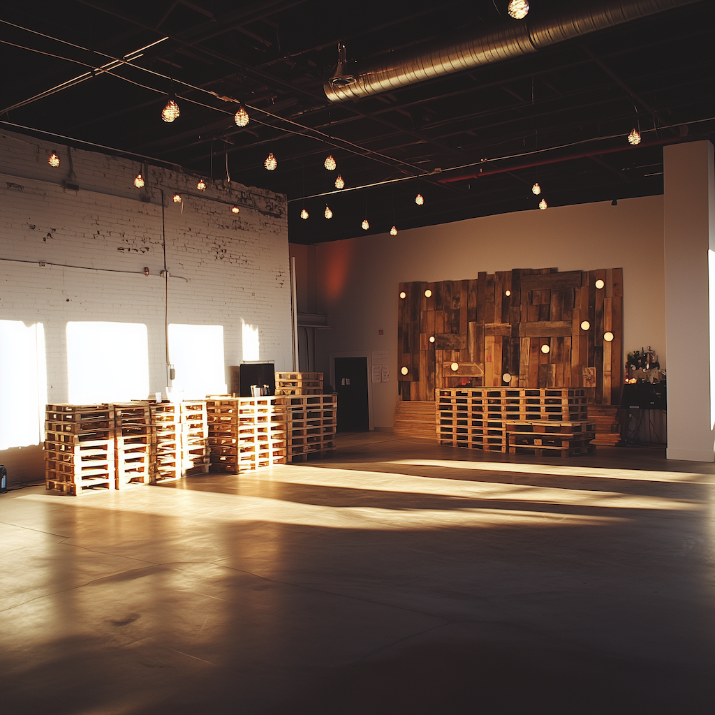 Pallets at being rented at an event in Manchester. Pre-event setup